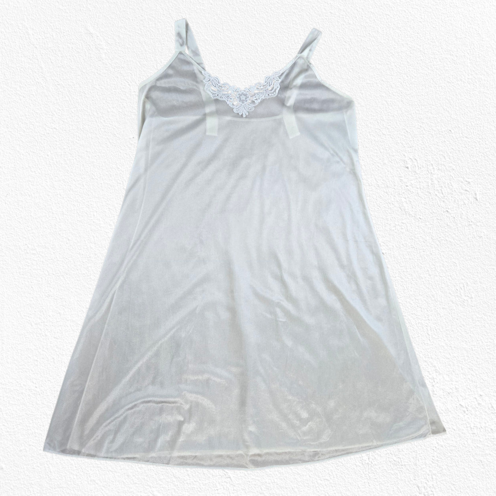 Vintage White Lace Trim Nylon Slip Dress Size Large 1970s 1980s Lingerie - Picture 2 of 8